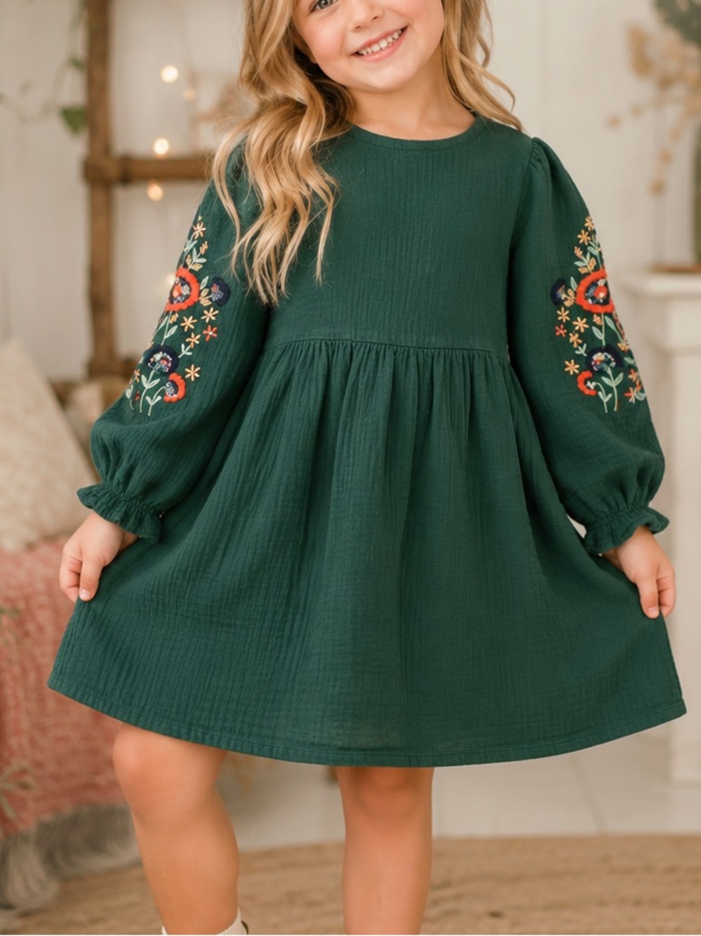 Cat & Jack Girls Size 6/6X Green Embroidered Cotton Gauze Dress